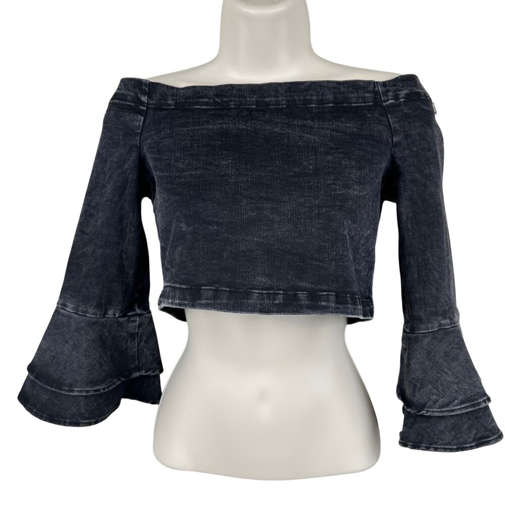 Zara Crop Denim Blouse Top Off Shoulder Bell Sleeves Black Med Whimsygoth Punk